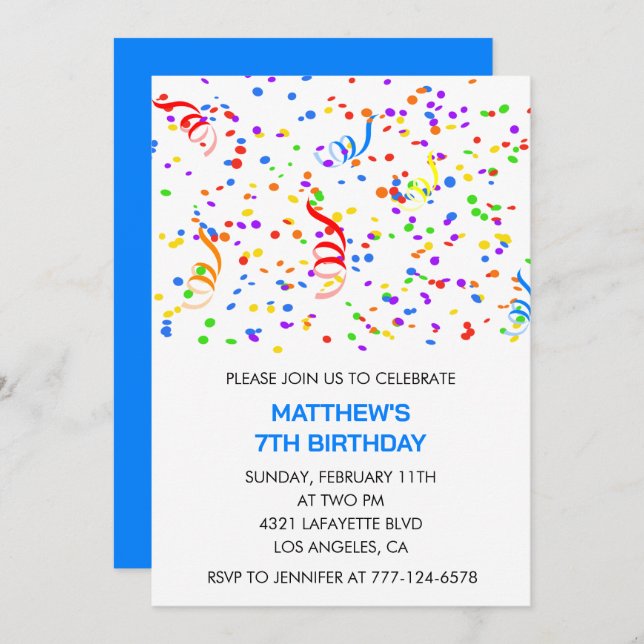 Invitations de 7e anniversaire Confetti Rainbow Bo (Devant / Derrière)