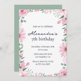 Invitations de 7e anniversaire Floral Frame Pink G