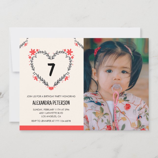 Invitations de 7e anniversaire pour son coeur flor (Devant)