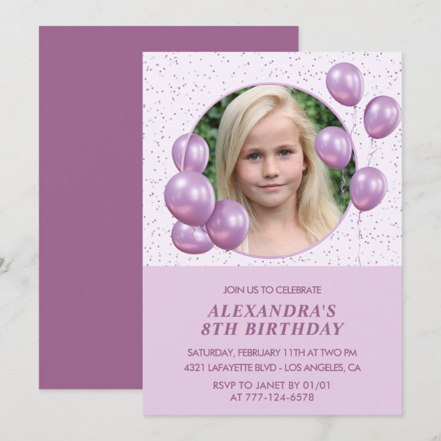Invitations de 8e anniversaire Ballons Photo Purpl (Devant / Derrière)