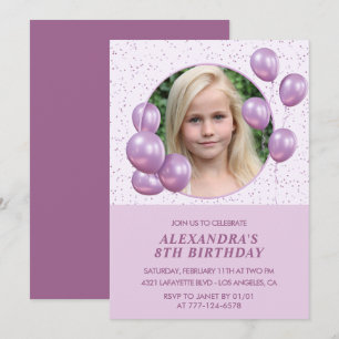 Invitations de 8e anniversaire Ballons Photo Purpl