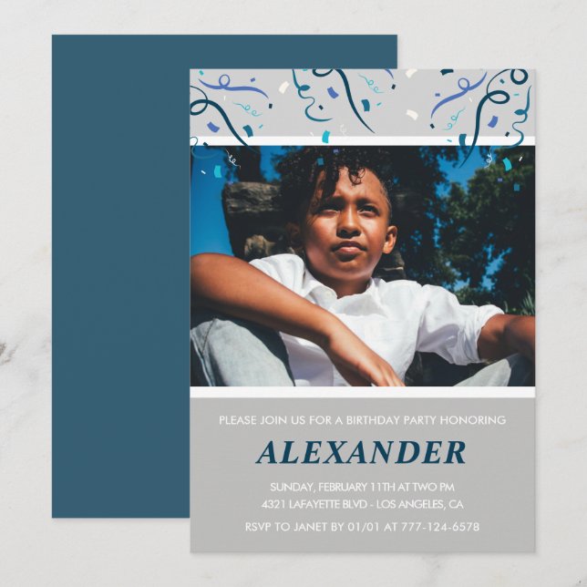 Invitations de 8e anniversaire Boy Confetti Photo  (Devant / Derrière)