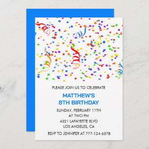 Invitations de 8e anniversaire Confetti Rainbow Bo