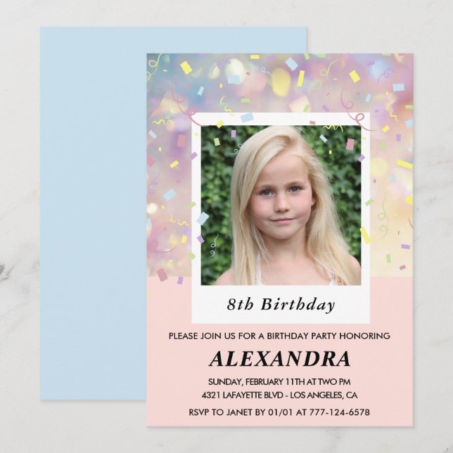Invitations de 8e anniversaire rose Confetti Photo (Devant / Derrière)