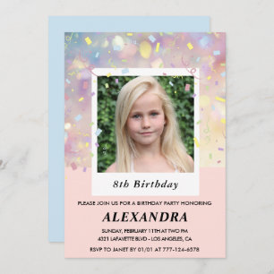 Invitations de 8e anniversaire rose Confetti Photo