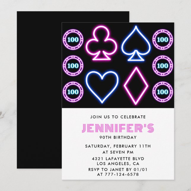 Invitations de 90e anniversaire Thème Casino Poker (Devant / Derrière)