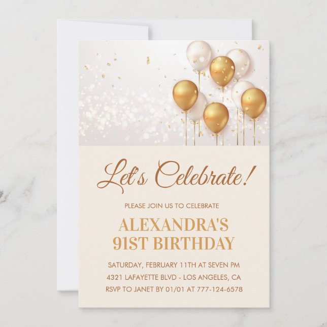 Invitations de 91e anniversaire Balloons Gold Mode (Devant)