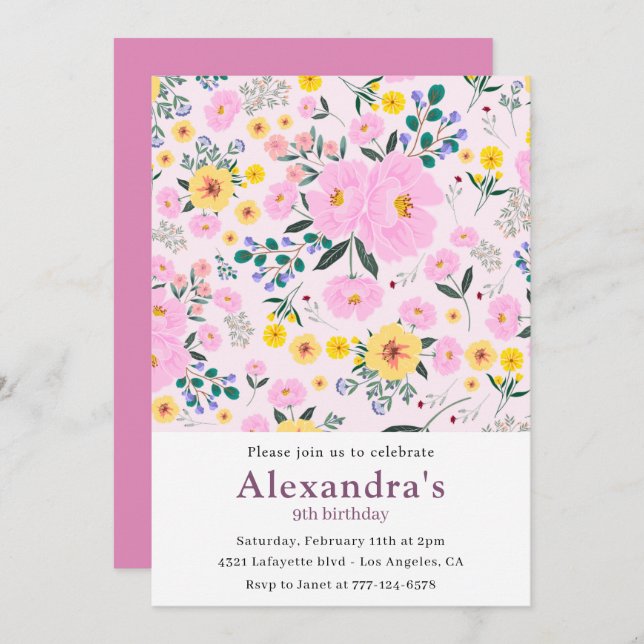 Invitations de 9e anniversaire Boho Floral Pink (Devant / Derrière)