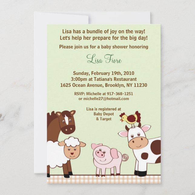 Invitations de baby shower d'animaux de garderie (Devant)