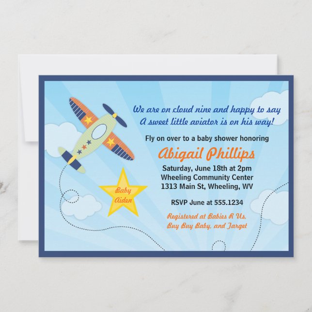 Invitations de baby shower d'avion d'aviateur de (Devant)
