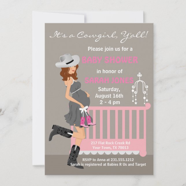 Invitations de baby shower de cow-girl - brune (Devant)
