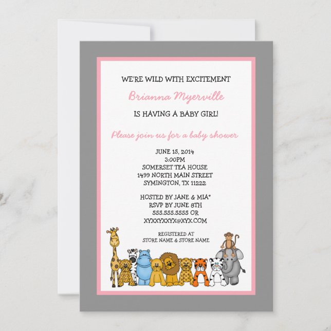 Invitations de Baby shower de filles des animaux d (Devant)
