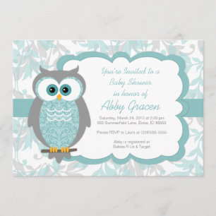 Invitations de baby shower de hibou, Aqua, gris -