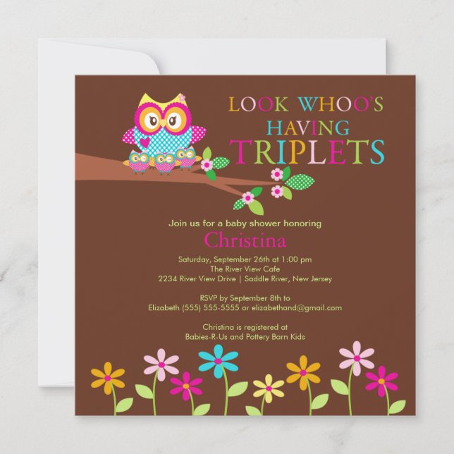 Invitations de baby shower de hibou de triplets (Devant)