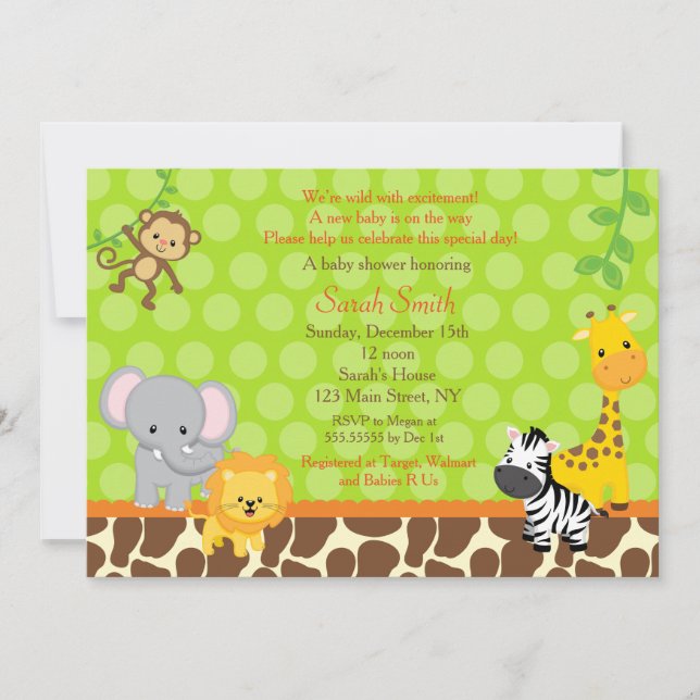 Invitations de baby shower de jungle de safari (Devant)