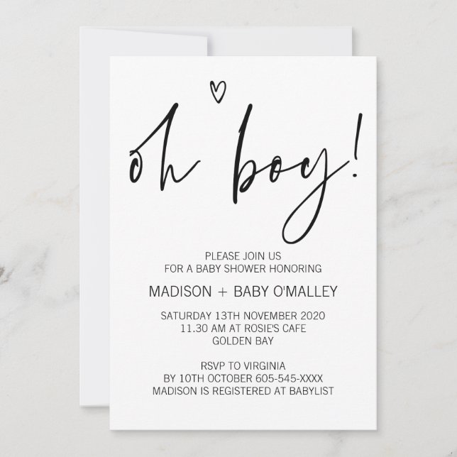Invitations de Baby shower des Oh Boy en noir et b (Devant)