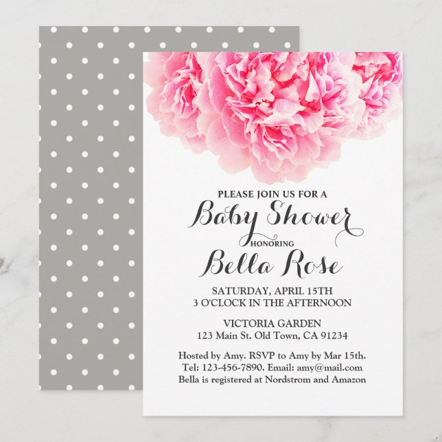 Invitations de Baby shower rose Grey Peony (Devant / Derrière)