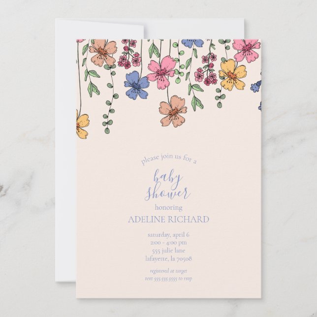 Invitations de Baby showers fleurs sauvages (Devant)