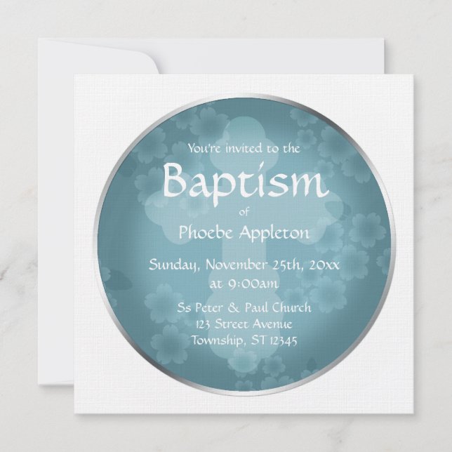 Invitations de Baptême bleu ardoise floral (Devant)