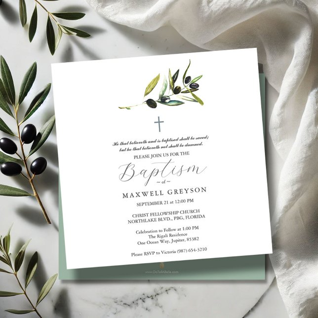 Invitations de baptême Carré de la branche de l'ol (Square Baptism invitations watercolor olive branch art by Victoria Grigaliunas Do Tell A Belle)