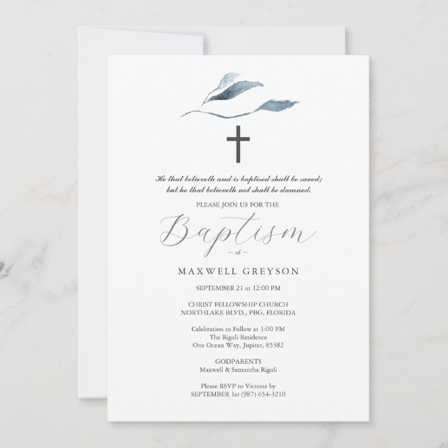 Invitations de baptême Dusty Blue Botanical (Devant)
