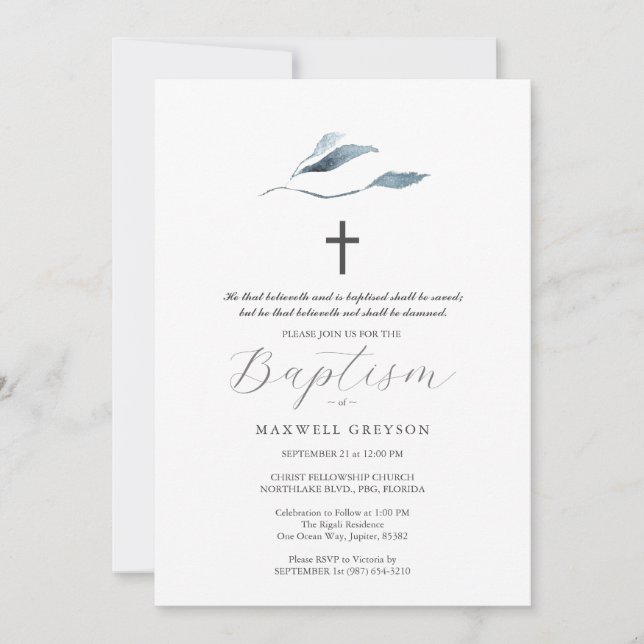 Invitations de baptême Dusty Blue Botanical (Devant)