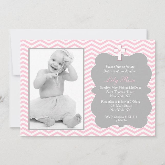 Invitations de baptême rose Grey Chevron (Devant)