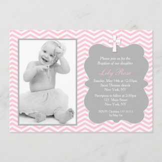 Invitations de baptême rose Grey Chevron