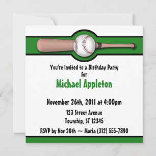 Invitations de base-ball Green Birthday