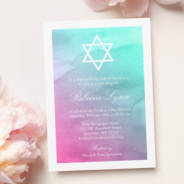 Invitations de Bat mitzvah d'aquarelle rose et aqu (Créateur téléchargé)