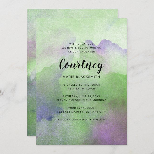 Invitations de Bat mitzvah d'aquarelle vert pourpr (Devant / Derrière)