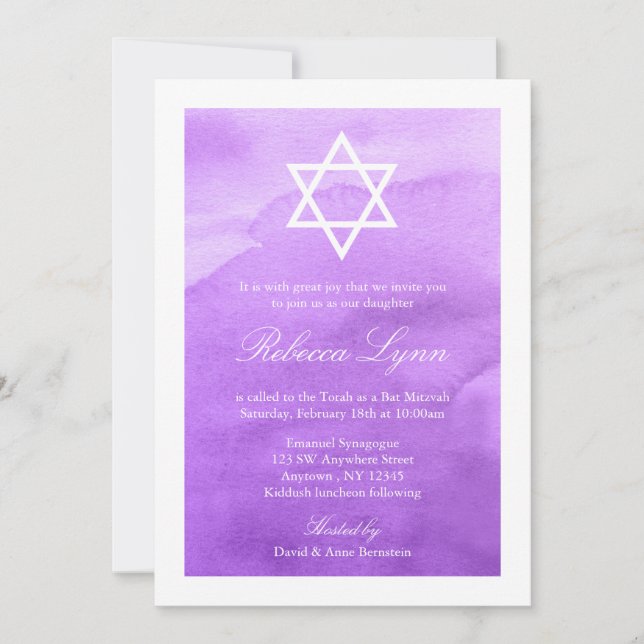 Invitations de Bat mitzvah d'aquarelle violet (Devant)