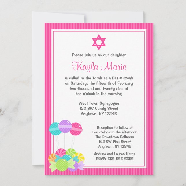 Invitations de Bat mitzvah de bonbons roses (Devant)
