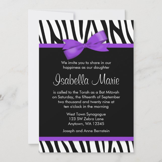 Invitations de Bat mitzvah de Bow imprimé Zebra Pu (Devant)