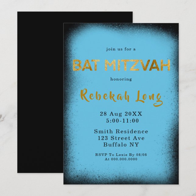 Invitations de Bat mitzvah de fumée noire et cyan  (Devant / Derrière)