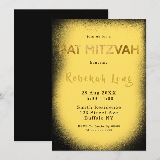 Invitations de Bat mitzvah de fumée noire et jaune (Devant / Derrière)