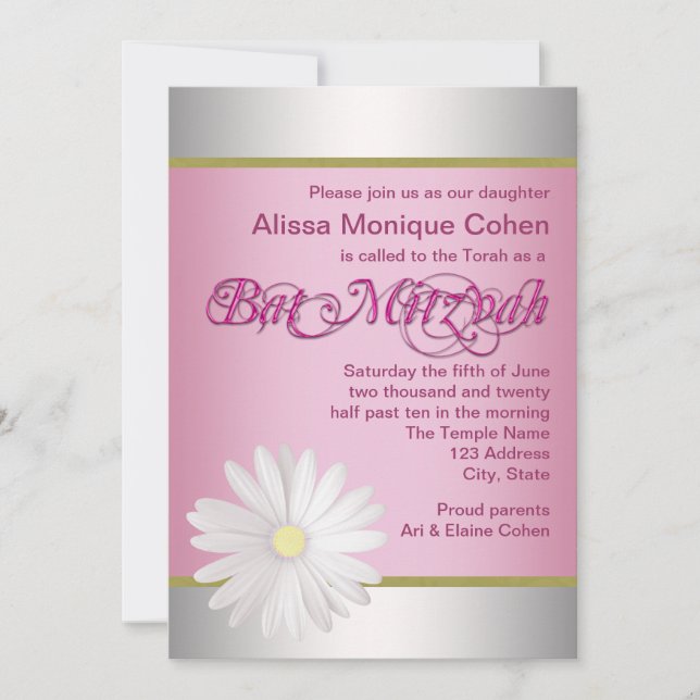 Invitations de Bat mitzvah de marguerite rose (Devant)