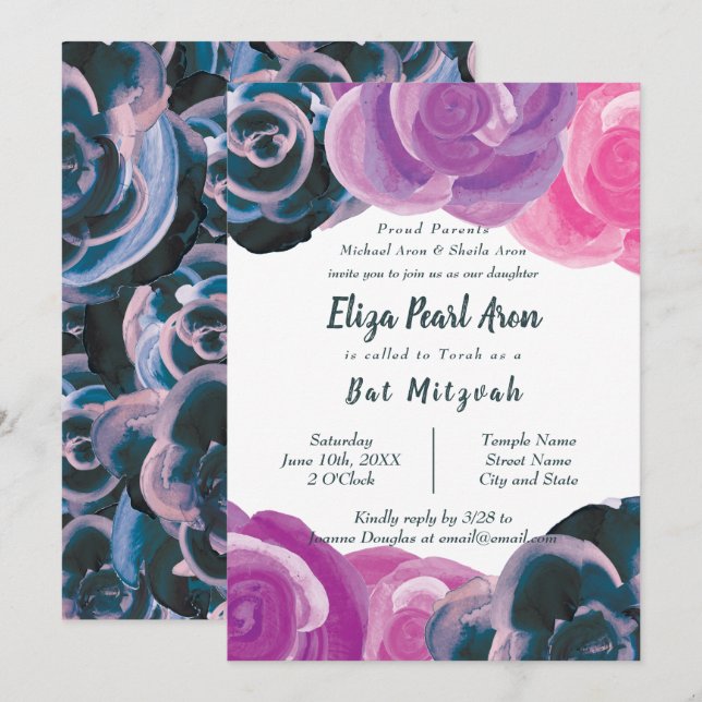 Invitations de Bat mitzvah de Roses Roses Bleues,  (Devant / Derrière)