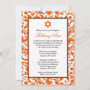 Invitations de Bat mitzvah Orange Swirl Damask