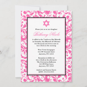 Invitations de Bat mitzvah Pink Swirl Damask