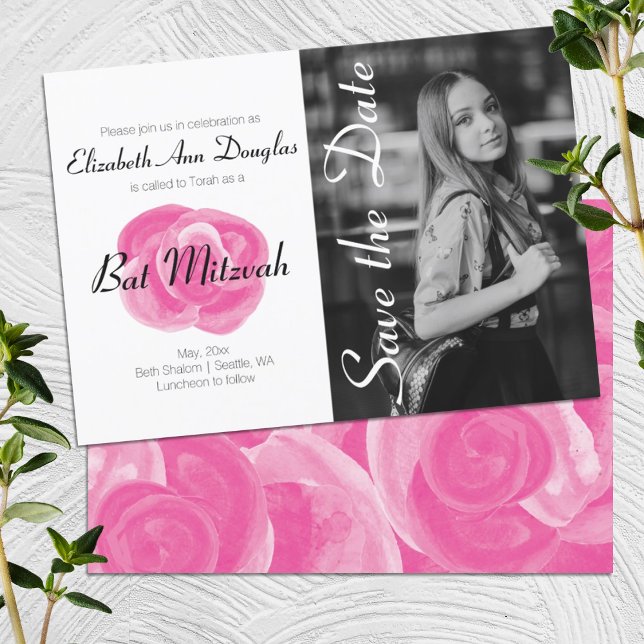 Invitations de Bat mitzvah Rose Rose (Girlie pink, bold pink rose bat mitzvah invitation with photo, simple pink black white photo design)