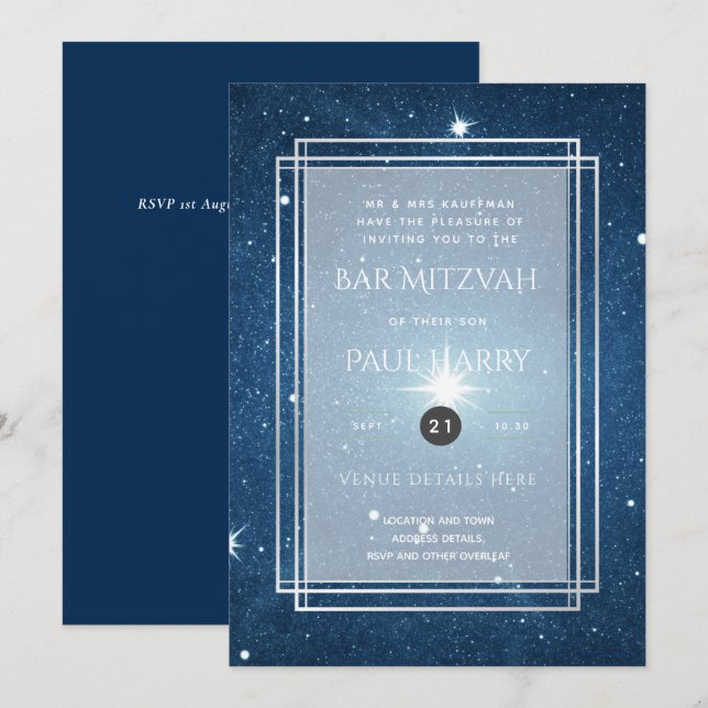 Invitations de Bat mitzvah Starry Night Blue Bar (Devant / Derrière)