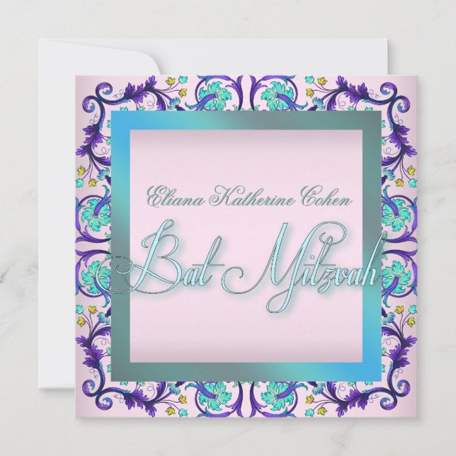 Invitations de Bat mitzvah turquoise bleu rose (Devant)