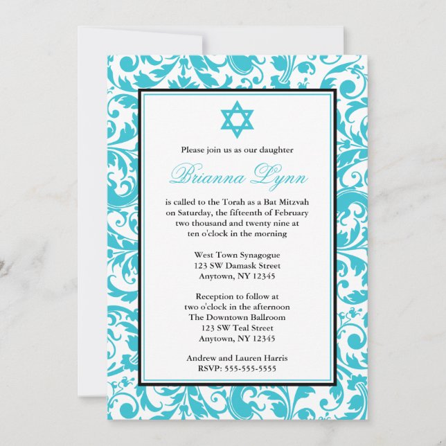 Invitations de Bat mitzvah turquoise Blue Swirl Da (Devant)