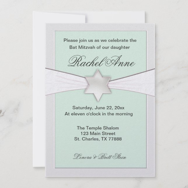 Invitations de Bat mitzvah vert menthe pâle (Devant)