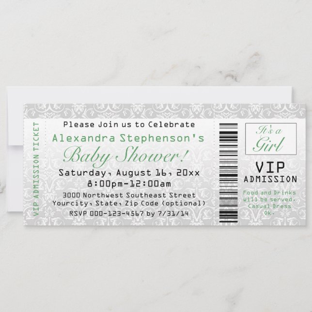 Invitations de billets de Baby shower vert/blanc (Devant)
