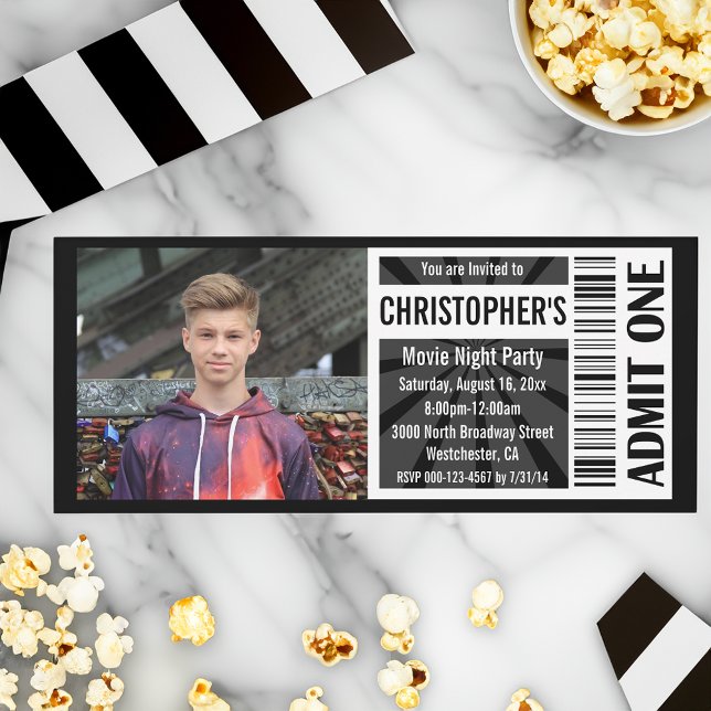 Invitations de billets de cinéma, Anniversaire noi (movie party invitations with photo)