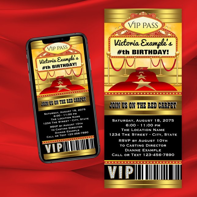 Invitations de billets pour la fête d'anniversaire (Red carpet birthday party invitation. Any birthday and red carpet event ticket style invitation.)