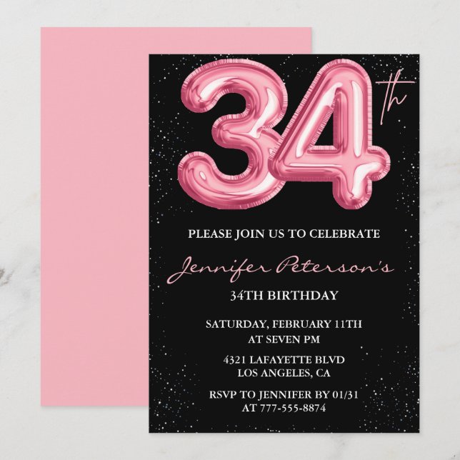 Invitations de Black Pink 34e anniversaire Ballons (Devant / Derrière)