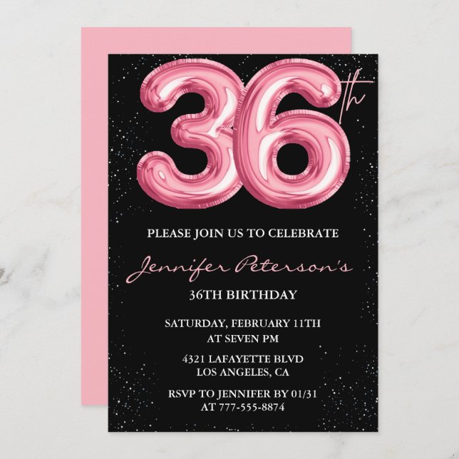 Invitations de Black Pink 36e anniversaire Ballons (Devant / Derrière)